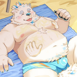 anthro beach belly belly_rub blep blush bottomwear bulge clothing disembodied_hand fur lotion lying male massage navel nipples on_back overweight shorts swimwear tongue tongue_out white_body white_fur ruoain lifewonders live_a_hero yohack canid canine canis domestic_dog mammal nordic_sled_dog samoyed spitz 1:1