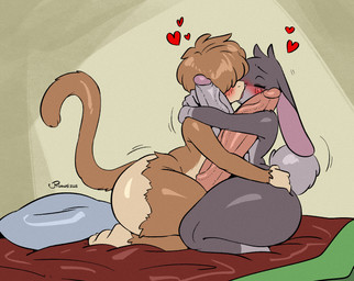 anthro anthro_on_anthro bed big_butt big_penis blush blush_lines brown_body brown_fur butt butt_grab duo erection femboy frottage fur furniture genitals glans hand_on_butt heart_symbol hug huge_butt huge_penis humanoid_genitalia humanoid_penis hyper hyper_genitalia hyper_penis interspecies kissing male male/male nude penile penis penises_touching sex shortstack shortstack_male sitting tail thick_thighs vein veiny_penis joaoppereiraus keev_(bmbd_nsfw) toby_(joaoppereiraus) haplorhine lagomorph leporid mammal monkey primate rabbit 2025