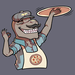 anthro apron biped blue_clothing blue_shirt blue_topwear clothing eyes_closed facial_hair fingers food gesture grey_background grey_body hand_gesture happy hat headgear headwear holding_food holding_object holding_pizza humanoid_hands italian male motion_lines mustache ok_sign pizza shirt simple_background smile solo text toothy_smile topwear bookbin cavemanon_studios snoot_game moe_(snoot_game) dinosaur prehistoric_species reptile saurischian scalie theropod tyrannosaurid tyrannosauroid tyrannosaurus tyrannosaurus_rex 1:1 artist_name colored half-length_portrait hi_res portrait shaded watermark