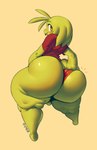 anthro anus balls big_butt butt clothing femboy genitals glistening glistening_body green_body hair huge_butt looking_back male presenting presenting_hindquarters rear_view red_eyes simple_background solo spread_anus spread_butt spreading text thick_thighs wide_hips eldiipiid jay_(sqoon) alien puwa absurd_res hi_res intersex_(lore)