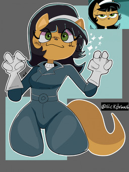 :3 accessory anthro belt black_hair clothing female gloves green_eyes hair hair_accessory hairband handwear leather leather_clothing paw_pose pose screencap simple_background solo sweater tan_body thick_thighs thigh_gap topwear turtleneck twitter_handle vickdraw6 wide_hips nickelodeon t.u.f.f._puppy kitty_katswell domestic_cat felid feline felis mammal 2025 colored hi_res portrait shaded three-quarter_portrait