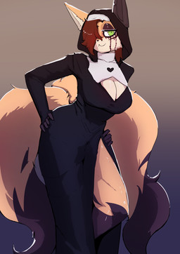 anthro breasts brown_hair eyeshadow facial_markings female green_eyes hair hair_over_eye half-closed_eyes head_markings makeup markings mascara multi_tail narrowed_eyes nun nun_outfit prosthetic prosthetic_ear running_makeup running_mascara solo tail lizzard_sama vixira_(syrup-taifh) canid canine fennec_fox fox mammal true_fox absurd_res hi_res