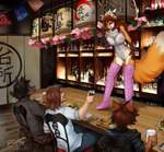 alcohol anthro bar bell bell_ear_ring beverage big_breasts black_hair boots bottomwear breasts brown_body brown_fur brown_hair clothing collar cuff_(restraint) electronics female footwear fur group hair holidays holly_(plant) horn inside izakaya_restaurant legwear leotard lingerie male microphone nipples orange_body orange_fur plant red_hair restaurant restraints shackles shirt shoes singing sitting standing stockings teddy_(clothing) topwear translucent translucent_clothing translucent_leotard dragonfu christmas raven_(ricochetcoyote) tamara_fox canid canine canis coyote fox human hybrid mammal wolf 2021 digital_media_(artwork) hi_res