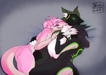 anthro black_body cuddling eyes_closed fur green_body group machine pink_body sleeping trio white_body white_fur scalesindark protogen sergal colored hi_res