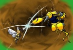 ambiguous_gender antennae_(anatomy) battle brown_background drill drill_arm drill_nose duo feral green_eyes horn insect_wings red_eyes simple_background wings h_box bandai_namco digimon nintendo pokemon arthropod beedrill beetle digimon_(species) digmon generation_1_pokemon hymenopteran insect pokemon_(species) crossover