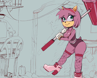 accessory anthro bedroom boots bracelet breasts cleavage clothed clothing crop_top desktop female fishnet_clothing footwear fur gloves green_eyes hair_accessory hairband hammer handwear high_heeled_boots high_heels jewelry legwear mirror pink_body pink_fur reflection shirt shoes solo thigh_highs tools topwear underwear ravensofzar sega sonic_the_hedgehog_(series) amy_rose eulipotyphlan hedgehog mammal 5:4