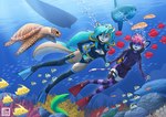 anthro clothing duo female fin legwear male male/female scuba scuba_diving stockings swimwear underwater water wetsuit kyriepoda ashley_the_cat echo_(mermaidnerin) domestic_cat felid feline felis mammal mustelid otter reptile scalie turtle hi_res
