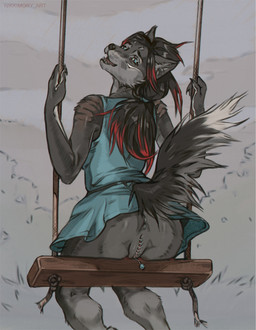 anal_piercing anthro anus butt chastity_device chastity_piercing clothed clothing dress female fur genital_piercing genitals hair holding_object labia_piercing looking_at_viewer looking_back no_underwear open_mouth piercing rear_view ring_piercing simple_background sitting sitting_on_swing smile solo swing tail teeth vulva vulva_piercing nikkimory jacki_northstar canid canine canis mammal wolf digital_media_(artwork)