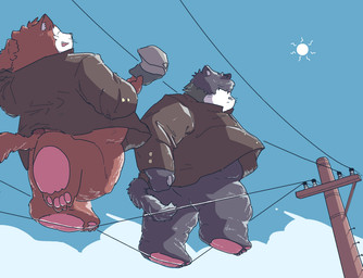 anthro biped black_body brown_body brown_fur clothing duo eyes_closed fur hat headgear headwear kemono male outside overweight overweight_male shirt sun topwear walking engumajiken domestic_cat felid feline felis mammal 2022 hi_res