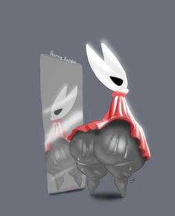 anthro big_butt bodily_fluids butt clothing coat female grey_background grey_body mirror red_clothing simple_background solo sweat topwear kemonoci hollow_knight_(franchise) team_cherry hornet_(hollow_knight) arthropod insect 2025 absurd_res hi_res