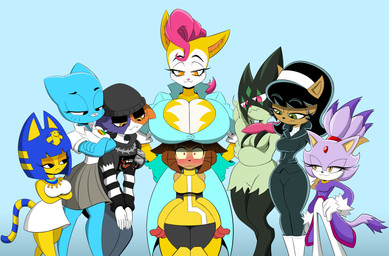 accessory anthro armor beanie bedroom_eyes big_breasts black_clothing black_eyes black_hair black_nose blue_background blue_body blue_clothing blue_fur blue_hair blush boob_hat boots bottomwear breast_size_difference breasts brown_body brown_fur brown_hair burgundy_eyes cleavage clothed clothed_anthro clothed_female clothing coat collared_shirt crooked_smile crossed_arms dress dress_shirt egyptian egyptian_clothing embarrassed eye_mask fangs female female/female flustered footwear fur gauntlets gloves gorget greaves green_body green_eyes green_fur group hair hair_accessory hairband hand_on_hip hands_on_hips handwear hat headgear headwear hoodie jacket jewelry lab_coat larger_female leaning_down leggings legwear long_hair long_sleeves looking_at_another markings medium_breasts mohawk multicolored_body multicolored_fur narrowed_eyes necklace noseless orange_eyes pants pink_eyes pink_hair pink_nose pleated_skirt ponytail purple_body purple_clothing purple_fur seductive shirt shoes short_hair simple_background size_difference skirt sleeveless_clothing small_breasts smaller_female smile standing striped_markings striped_tail stripes tail tail_markings tailcoat tan_body tan_fur teeth tights topwear two_tone_body two_tone_fur vambrace white_body white_clothing white_fur wide_eyed yellow_body yellow_clothing yellow_eyes yellow_fur gigafera animal_crossing cartoon_network epic_games fortnite gameoverse glitch_productions nickelodeon nintendo pokemon sega sonic_the_hedgehog_(series) super_fuck_friends t.u.f.f._puppy the_amazing_world_of_gumball ankha_(animal_crossing) blaze_the_cat kit_bodega kitty_katswell meow_skulls monique_pussycat nicole_watterson calico_cat domestic_cat felid feline felis generation_9_pokemon mammal meowscarada pokemon_(species) 2026 absurd_res cel_shading crossover hi_res portrait shaded three-quarter_portrait