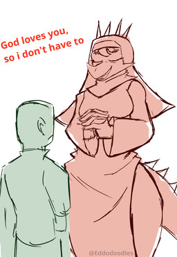 anthro bald biped breasts clothed clothed_anthro clothed_female clothed_human clothed_male clothing dialogue duo eyes_closed facial_horn female fingers frown hair hands_together horn humanoid_hands larger_anthro larger_female looking_at_another male medium_breasts non-mammal_breasts nun_habit nun_outfit open_mouth open_smile religious_clothing shirt simple_background size_difference smaller_human smaller_male smile spiked_tail spikes spikes_(anatomy) standing tail talking_to_another text topwear white_background wide_hips eddodoodle aquilops ceratopsian dinosaur human mammal marginocephalian ornithischian prehistoric_species reptile scalie artist_name colored english_text restricted_palette