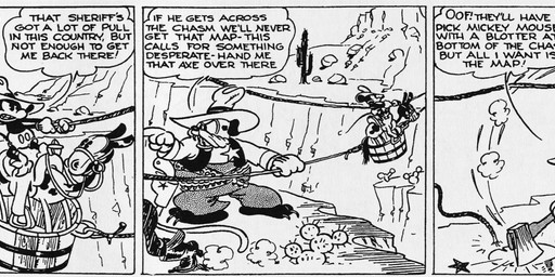 anthro axe bottomwear cactus clothed clothing cowboy_hat dialogue falling footwear gloves group handwear hat headgear headwear hooves male open_mouth outside pants plant quadruped rope text floyd_gottfredson roy_nelson disney public_domain mickey_mouse bulldog canid canine canis domestic_dog mammal mastiff molosser mouse murid murine rodent 1930 20th_century absurd_res ancient_art black_and_white comic dated english_text hi_res long_image monochrome wide_image