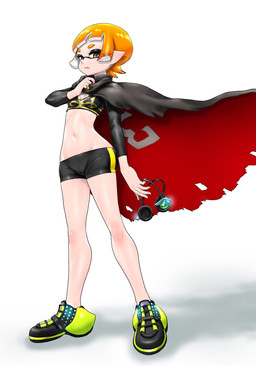 bottomwear breasts camel_toe cape clothing crop_top electronics female headphones humanoid_pointy_ears looking_at_viewer midriff not_furry pointy_ears shirt shorts simple_background small_breasts solo topwear white_background koharuno2 nintendo splatoon agent_3_(splatoon) aquatic cephalopod humanoid inkling mollusk hi_res