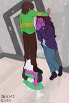 anthro black_hair blush bottomwear clothed clothing female footwear fully_clothed fur group hair hand_on_face hands_behind_back horn inside jacket kabedon long_hair male pants robe scarf shirt shoes short_hair smile standing standing_on_shoulders text topwear torn_clothing trio white_body white_fur okamicube deltarune undertale_(series) kris_(deltarune) ralsei susie_(deltarune) bovid caprine dinosaur goat human mammal prehistoric_species reptile scalie 2025 absurd_res artist_name hi_res