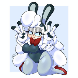 anthro big_breasts blue_eyes blue_sclera blush bow_tie breasts bunny_costume cleavage clothed clothing costume fake_ears fake_rabbit_ears female gesture hair hand_gesture horn long_hair smile solo v_sign white_hair lonercroissant idw_publishing sega sonic_the_hedgehog_(comics) sonic_the_hedgehog_(idw) sonic_the_hedgehog_(series) lanolin_the_sheep_(sonic) bovid caprine mammal sheep 1:1 absurd_res hi_res