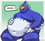 anthro beak belly big_belly blue_body blue_feathers dialogue eyebrows feathers green_eyes male navel obese obese_anthro obese_male overweight overweight_anthro overweight_male sitting solo text thick_eyebrows yellow_beak mindof mindofabear breath_of_the_wild nintendo the_legend_of_zelda revali avian bird rito 2023 absurd_res english_text hi_res