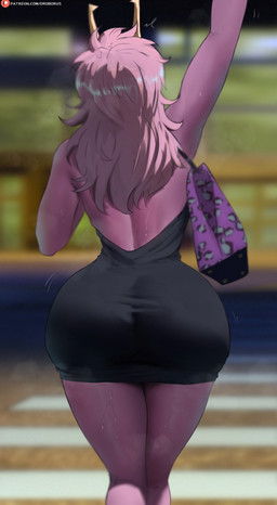 big_butt biped black_clothing bodily_fluids butt clothed clothed_female clothed_humanoid clothing female female_humanoid hair horn long_hair pink_body pink_hair pink_skin raised_arm rear_view solo standing sweat sweatdrop oroborus my_hero_academia ashido_mina horned_humanoid humanoid quirked_human_(my_hero_academia) hi_res