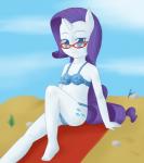 alternate_species anonjg anthro anthrofied beach bikini biped child clothed clothing cloud cutie_mark eyewear female friendship_is_magic glasses hasbro hi_res horn human humanized looking_at_viewer makeup mammal my_little_pony on_towel outside rarity_(mlp) sand seaside sitting skimpy sky solo swimwear towel young