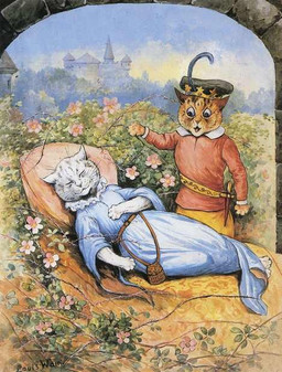 anthro barefoot biped brown_body brown_fur castle clothed clothing dagger detailed_background dress duo eyes_closed feet female flower fur handpaw hat headgear headwear lying male medieval melee_weapon on_back open_mouth outside paws pillow plant sky sleeping standing text weapon whiskers white_body white_fur louis_wain license_info public_domain domestic_cat felid feline felis mammal ancient_art signature traditional_media_(artwork)