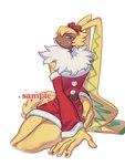 anthro bow_ribbon christmas_clothing christmas_dress clothed clothing colored_nails crossdressing dress embarrassed fluffy_chest fur holidays long_ears male nails orange_eyes ponytail_ears slim solo yellow_body yellow_fur confeito000_333 bandai_namco christmas digimon digimon_ghost_game digimon_(species) symbareangoramon 3:4 hi_res