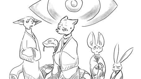 ambiguous_gender anthro bodily_fluids clothing eyeball furgonomics group hands_together monk nervous robe sweat tongue dragonweirdo canid canine felid feline fox lagomorph leporid mammal rabbit reptile scalie snake 16:9 comic hi_res monochrome widescreen