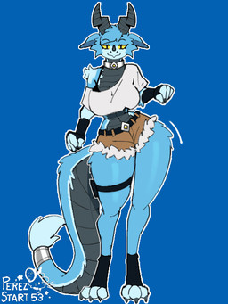 anthro arm_tuft armwear belt big_breasts black_body black_clothing black_footwear black_horn black_scales black_socks blue_background blue_body blue_fur blue_hair bottomwear bouncing_breasts bra breasts brown_bottomwear brown_clothing brown_pants claw_fingers claws clothing collar crop_top dancing eyelashes facial_tuft female footwear fur gem gun_belt hair happy horn long_eyelashes look_down looking_at_viewer metal_collar motion_lines pants scales seductive shaking_hips shirt shorts shoulder_tuft simple_background socks solo tail tail_motion thick_thighs toe_claws topwear tuft underwear white_body white_fur wide_hips yellow_eyes yellow_gem perezstart53 epic_games fortnite mythology elza_stormclaw_(perezstart53) dragon mythological_creature mythological_scalie scalie 2d_animation 3:4 animated