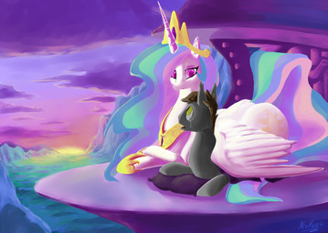balcony bodily_fluids cliff crown crying cutie_mark duo feathered_wings feathers female feral flying fur hair headgear horn long_hair male multicolored_hair princess purple_eyes royalty sunset tears valley white_body white_fur wings nivrozs friendship_is_magic hasbro my_little_pony mythology princess_celestia_(mlp) equid equine mammal mythological_creature mythological_equine winged_unicorn 2013 hi_res