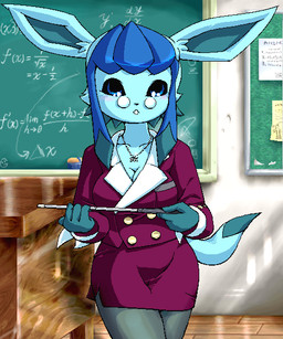 anthro blue_eyes blue_hair breasts classroom cleavage clothed clothing collarbone desk eyewear female fur furniture glasses green_body green_fur hair inside jewelry necklace nipples pokemorph school solo table tail teacher teal_body g-sun nintendo pokemon eeveelution generation_4_pokemon glaceon pokemon_(species) 5:6 digital_media_(artwork) oekaki