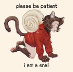 all_fours anthro brown_hair clothed clothing female fluffy hair hoodie looking_at_viewer narrowed_eyes paws raised_tail sad simple_background solo tail text topwear 8ushman felid feline gastropod mammal mollusk snail english_text hi_res