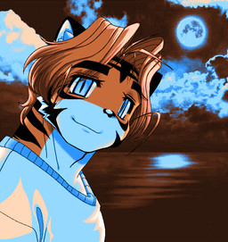 anthro closed_smile cloud detailed_background kemono looking_at_viewer male moon mouth_closed night smile solo bara_moe_bitch felid mammal pantherine tiger 2022 aliasing bust_portrait digital_media_(artwork) portrait