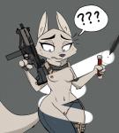 anthro arm_tuft blue_eyes breasts clothed clothing confusion elbow_tuft female flare_(object) fur genitals grey_background gun holding_gun holding_object holding_ranged_weapon holding_weapon inner_ear_fluff looking_down navel nipples pussy question_mark ranged_weapon simple_background solo submachine_gun tactical translucent translucent_clothing tuft weapon white_body white_fur wide_hipped_female wide_hips josun disney zootopia skye_(zootopia) canid canine fox mammal 2019 meme portrait three-quarter_portrait