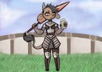 alcohol ambiguous_gender anthro armor beer beer_mug beverage biped boots breastplate broken_horn brown_body brown_boots brown_clothing brown_footwear brown_fur chainmail claws clothed clothing cloud detailed_background footwear fur grass grey_hair grey_horn hair holding_beer holding_beer_mug holding_beverage holding_lance holding_object holding_weapon hooves horn lance melee_weapon open_mouth orange_eyes outside plant polearm shoes simple_background sky smile solo tail weapon manitka manitka_(character) bovid bovine cattle mammal 2019 digital_media_(artwork) hi_res