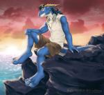 anthro athletic athletic_anthro athletic_male biceps biped bottomwear chest_tuft clothed clothing deltoids digitigrade fully_clothed fur gold_(metal) hair hand_on_leg horn male outside rock rocky_shore sea seaside shirt shorts sitting solo spikes sunset tail topwear tuft water holydust mythology daintydragon dragon mythological_creature mythological_scalie scalie 2011