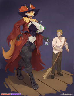 anthro big_breasts breast_expansion breasts brush clothing duo embarrassed_male expansion female female_anthro footwear hat headgear headwear high_heels larger_anthro larger_female legwear lingerie looking_down magic_user male pantyhose potion shoes size_difference smaller_human smaller_male smile wardrobe_malfunction witch witch_hat mainlinemojo nintendo pokemon delphox generation_6_pokemon human mammal pokemon_(species) hi_res