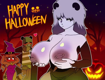 anthro big_breasts black_nose blush bouncing_breasts breasts clothed clothing female frankenstein_costume group hair happy_halloween hat headgear headwear holidays magic_user male male/female nipple_piercing nipples piercing text trio white_body white_hair witch witch_costume witch_hat voideyedpanda elvira:_mistress_of_the_dark halloween bo_(voideyedpanda) elvira_(mistress_of_the_dark) millie_(voideyedpanda) veddy_(voideyedpanda) bear giant_panda mammal 2025 animated loop no_sound short_playtime