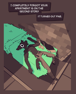 anthro barefoot building clothed clothing comic_panel feet jacket lying male on_back outside plant shrub solo text topless topless_anthro topless_male topwear vanilla_candy amelia_is_calling canid canine canis domestic_dog mammal absurd_res english_text hi_res restricted_palette