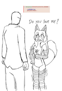 anthro clothing dipstick_tail duo female female_anthro flower fur gloves_(marking) hair leg_markings male male/female markings plant socks_(marking) tail tail_markings text aigsaft conditional_dnp 4chan anon averi_(fiddleafox) canid canine fox human mammal red_fox true_fox english_text hi_res monochrome