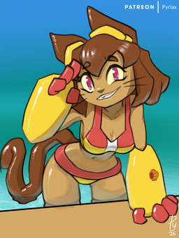 anthro breasts brown_body brown_fur brown_hair clothing female front_view fur grin hair leaning leaning_forward looking_at_viewer smile solo swimwear conditional_dnp pyriax gameoverse glitch_productions kit_bodega domestic_cat felid feline felis mammal 2026 3:4