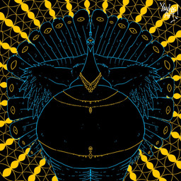 ambiguous_gender anthro belly big_belly black_background black_belly black_body feathers female front_view gold_(metal) gold_jewelry gold_necklace hand_on_back huge_belly hyper hyper_belly jewelry looking_at_viewer necklace overweight overweight_anthro overweight_female peacock_feather simple_background solo wings yellow_background yauhasart avian bird galliform peafowl phasianid 1:1 2025 flat_colors hi_res