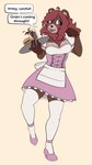 anthro apron beverage black_nose blush breasts brown_body brown_fur burger clothing dialogue dress female food footwear fur hair high_heels legwear open_mouth pink_clothing pink_footwear pink_high_heels shoes simple_background smile solo stockings text waiter white_clothing white_dress white_legwear white_stockings articaartes samantha_(cinnamimi) bear mammal 2022 absurd_res digital_media_(artwork) english_text hi_res