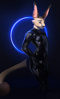 anthro big_ears black_latex blue_eyes blue_light brown_body brown_fur bulge clothing dipstick_tail ears_up fur glistening glistening_clothing hand_on_hip latex latex_clothing latex_skinsuit looking_aside looking_at_viewer male markings skinsuit solo standing tail tail_markings tan_body tan_fur tight_clothing shinyrubberpuro felid mammal 2023 absurd_res dated digital_media_(artwork) hi_res portrait signature three-quarter_portrait