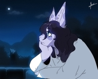 1990s_theme anthro blush eyelashes freckles fur hair long_hair moon night purple_body purple_fur retro wavy_hair blulesnsfw lagomorph leporid mammal rabbit