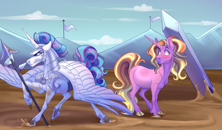 armor blush cloven_hooves crystal duo female feral flag headgear helmet hooves horn melee_weapon mud pink_body polearm spear tent weapon white_body wings uunicornicc friendship_is_magic hasbro my_little_pony mythology flurry_heart_(mlp) luster_dawn_(mlp) equid equine mammal mythological_creature mythological_equine unicorn winged_unicorn hi_res