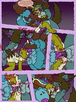 anal anal_penetration balls big_breasts bite biting_another black_spots blue_body blue_fur bodily_fluids breasts brown_body brown_fur cum cumshot dialogue dominant dominant_gynomorph dominant_intersex dominant_male double_knotting double_penetration ear_bite ejaculation fellatio freckled_balls freckled_breasts freckled_legs freckled_shoulders freckled_thighs freckles fur genital_fluids genitals gynomorph gynomorph/male gynomorph_penetrating gynomorph_penetrating_male intersex intersex/male intersex_penetrating intersex_penetrating_male knot knotted_penis knotting larger_gynomorph larger_intersex larger_male licking male male/male male_penetrated male_penetrating male_penetrating_male nipples nude oral oral_penetration penetration penile penile_penetration penis penis_in_ass sex size_difference smaller_male smaller_penetrated spitroast spots submissive submissive_male text tongue yellow_body yellow_fur chibitay mythology biscuit_(chibitay) chibi_(chibitay) muffin_(chibitay) canid canine lagomorph leporid mammal mythological_canine mythological_creature rabbit translop werecanid werecanine werecreature werewolf 3:4 absurd_res comic english_text hi_res