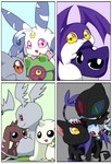 anthro black_body black_fur brown_body brown_fur fur grey_body grey_fur group horn long_ears red_eyes white_body white_fur wings anlu_kurage bandai_namco digimon blackgatomon digimon_(species) dracmon gazimon lopmon lunamon terriermon tsukaimon waddling_head