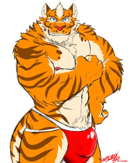 abs anthro barazoku bulge clothing detailed_bulge fur grin jockstrap male muscular nipples pecs smile solo stripes underwear ligoni nekojishi studio_klondike lin_hu felid mammal pantherine tiger 2019 4:5 hi_res