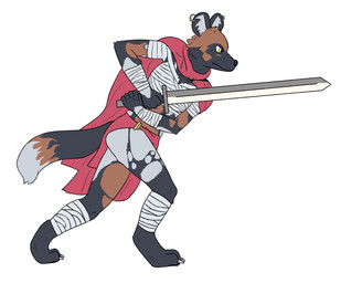 anthro bandage cape clothing digitigrade female hooped_earrings melee_weapon red_cape red_clothing solo sword weapon palibakufun sang:_the_desert_blade sang_(sang:_the_desert_blade) african_wild_dog canid canine mammal hi_res