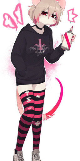 absolute_territory alternative_fashion anthro big_ears black_clothing black_hoodie black_topwear blonde_hair choker clothed clothed_female clothing emo female footwear freckled_face freckles fully_clothed fully_clothed_female hair highlights_(coloring) hoodie jewelry legwear necklace paint pattern_clothing pattern_legwear pattern_stockings shoes sneakers solo spray_paint spray_paint_can stockings striped_clothing striped_legwear striped_stockings stripes topwear torn_clothing torn_legwear torn_stockings yoako mammal mouse murid murine rodent absurd_res hi_res