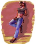 anthro beckoning black_clothing black_hair black_nose black_underwear blue_bottomwear blue_clothing blue_eyes blue_jeans blue_pants bottomwear brown_body brown_fur bulge claws clothed clothing crop_top denim denim_bottomwear denim_clothing ear_piercing facial_piercing fur gesture hair jeans long_hair looking_at_viewer male multicolored_body multicolored_fur nose_piercing nose_ring open_jeans open_mouth open_smile pants pawpads paws piercing ponytail pose ring_piercing shirt simple_background smile solo spots standing tail teeth text tongue topwear torn_clothing torn_crop_top torn_shirt torn_topwear underwear howlfeiwolf avriel_(peyotethehyena) hyena mammal spotted_hyena 5:6 absurd_res digital_media_(artwork) hi_res pinup signature watermark